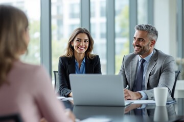 Smiling professionals in formal attire engaging in an interview meeting, with a laptop and coffee cup on a modern office table. Ai generative