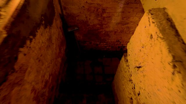 Old brick staircase in a dimly lit basement with rustic walls and a mysterious atmosphere