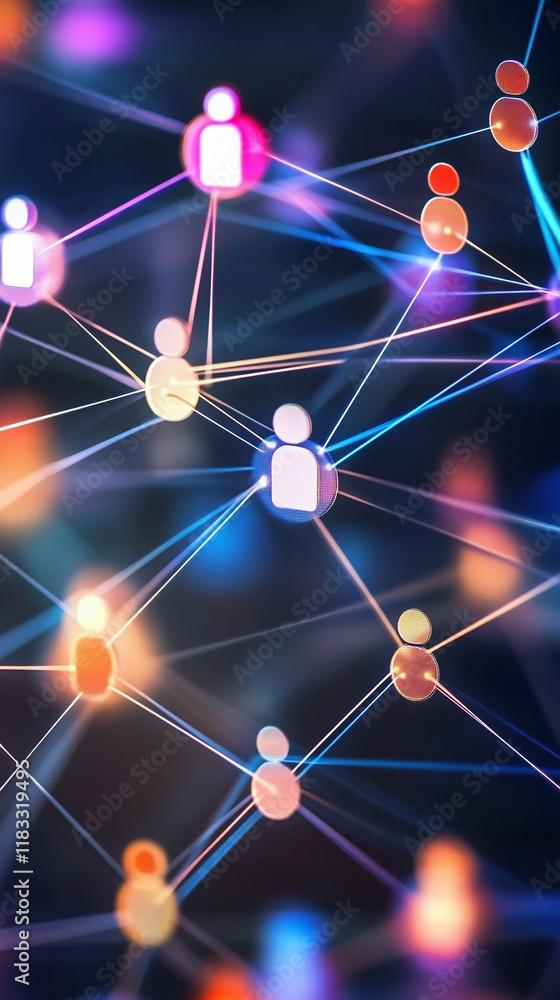 Aufkleber abstract blurred networking concept showing diverse avatars connected by vibrant lines.