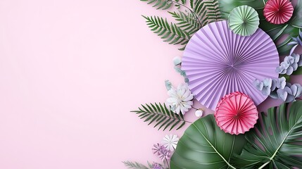 Obraz premium Pastel Paper Fans and Tropical Leaves on Pink Background
