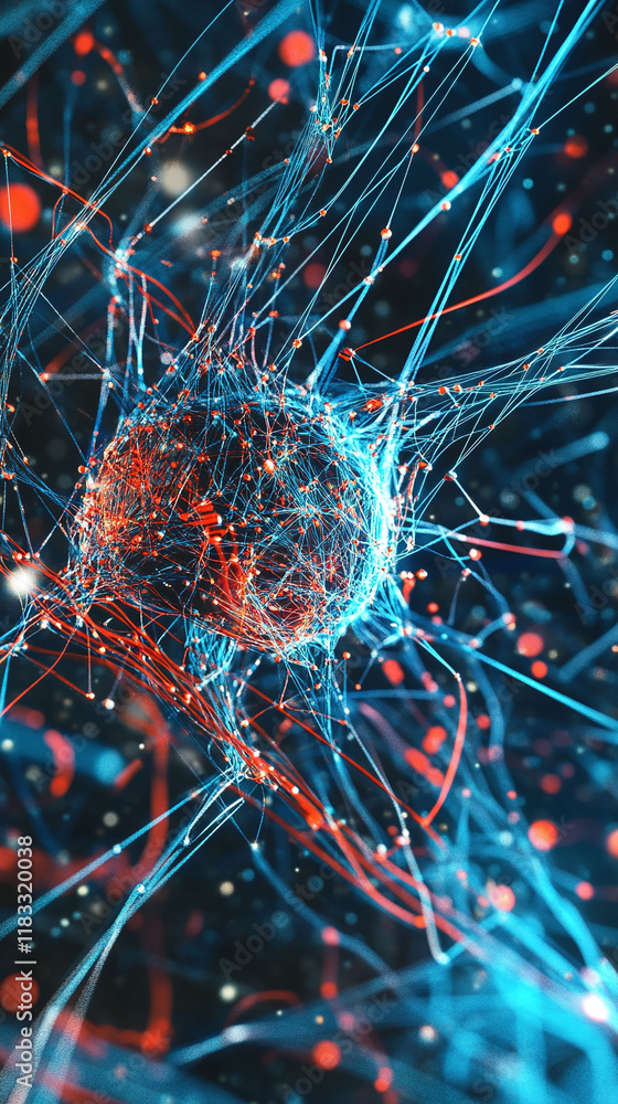 Poster abstract neural network graphics blended with a paper texture emphasizing modern technology.