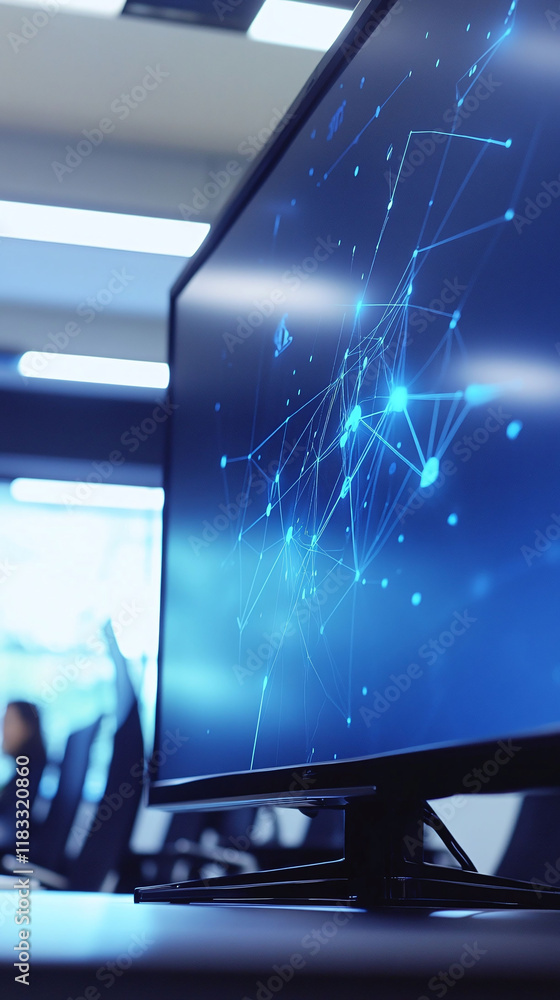 Poster ai-driven network interface displayed on a large digital screen during a corporate team meeting.