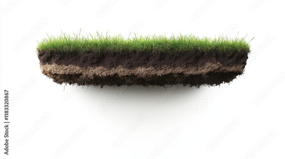 Poster layered soil and grass on isolated background with shadow effect