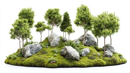 Lush Forest Landscape with Rocks on a Green Grass Meadow