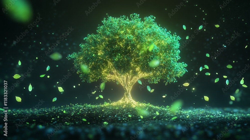 Poster luminous tree with glowing leaves in a magical forest setting