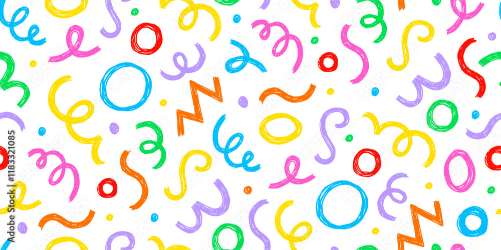 Poster Kid seamless pattern child fun shape squiggle confetti background. Hand drawn color crayon background fun child squiggle shape. Crayon color confetti abstract seamless pattern vector illustration