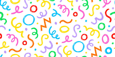 Kid seamless pattern child fun shape squiggle confetti background. Hand drawn color crayon background fun child squiggle shape. Crayon color confetti abstract seamless pattern vector illustration