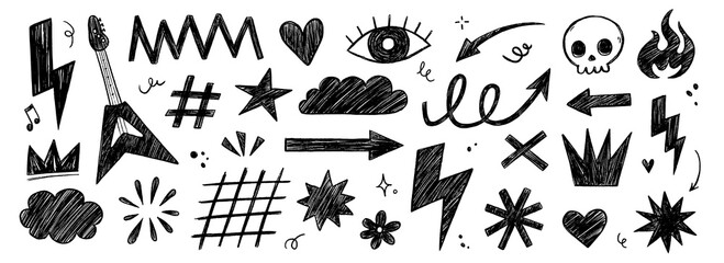 Hand drawn rock punk music star grunge heart doodle icon element set. Crayon brush stroke hand drawn line sketch style doodle rock punk star, heart shape. Crayon scribble music vector illustration
