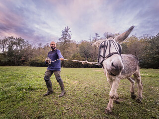 farmer holding donkey by rope humor in sanctuary for environmental education