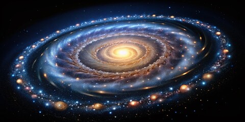 Panoramic Black Spiral Star Pattern Background - Abstract Cosmic Design