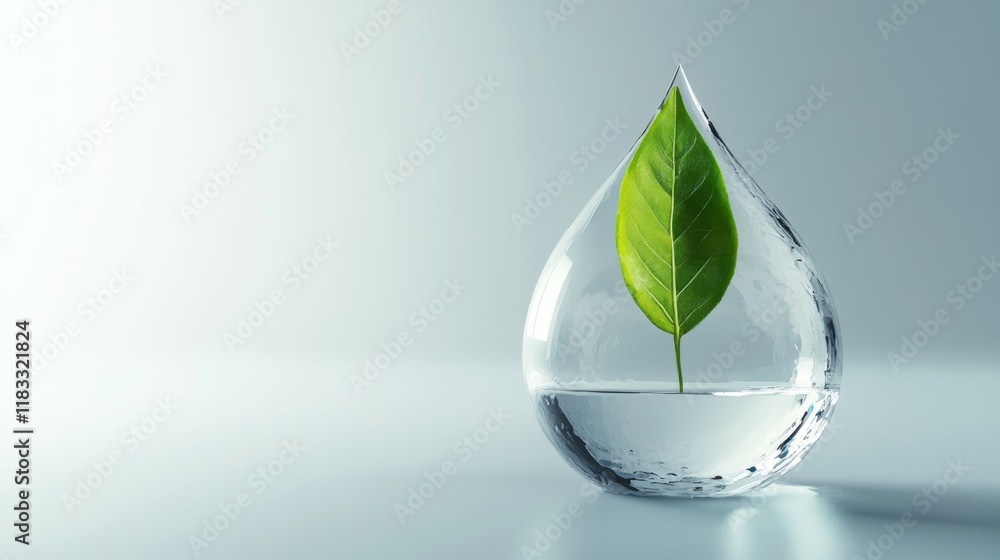 Poster water drop reflection with leaf floating above clear surface