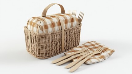 Picnic Basket with Checkered Cloth and Wooden Forks for Outdoor Dining