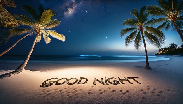 砂浜に書かれたgood nightの英語の言葉。背景は青い夜の空と海の風景。aiで生成	
