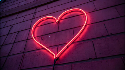 Neon heart-shaped light on a brick wall.