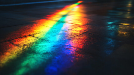 Vibrant rainbow light on wet pavement at night