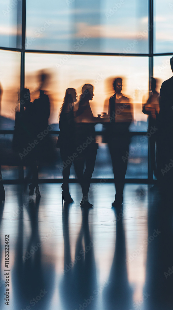 Aufkleber blurred silhouettes in a corporate networking event symbolizing team collaboration.