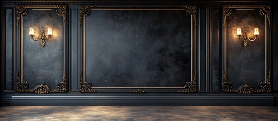 Elegant Dark Interior Design: Luxury Wall Paneling with Golden Accents and Wall Sconces