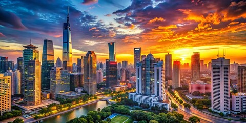 Obraz premium Panoramic Cityscape Banner with Ample Copy Space for Text and Logos - Modern Architecture Background