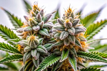 Panoramic Close-up of Cannabis Buds with Trichomes on White Background