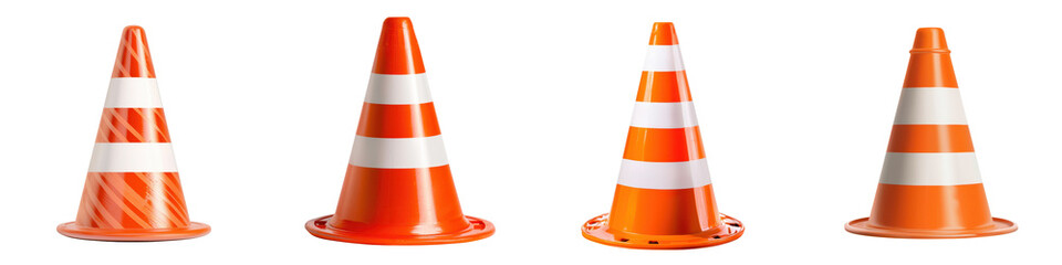 Bright orange plastic construction traffic cones lined up on the ground in an urban setting used as a road barrier safety device and warning signal to redirect traffic and guide vehicles