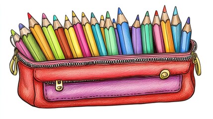 a 2D cartoon illustration of a pencil case with colorful pencils and pens, ready for school, white background--ar 16:9