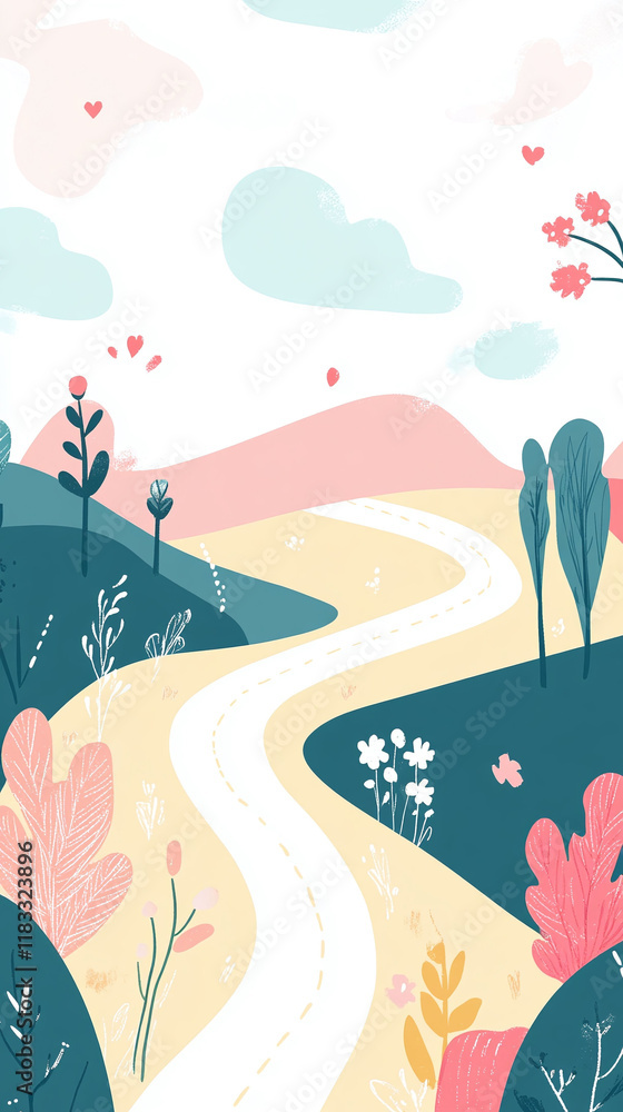 Poster cheerful summer road design depicted in a minimal flat vector with abstract patterns.