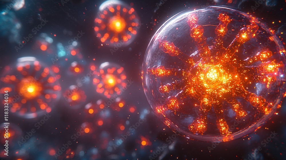 Poster glowing orb with intricate fiery structure, surrounded by smaller similar orbs in dark space.