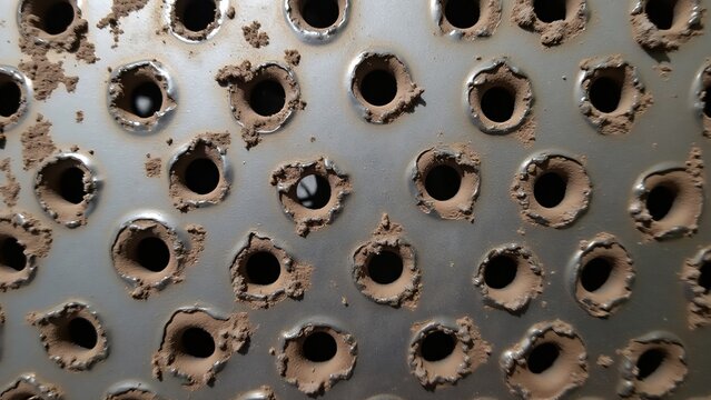 Perforated metal surface with irregular holes and worn, frayed edges, showing signs of rust and erosion from exposure to harsh elements.