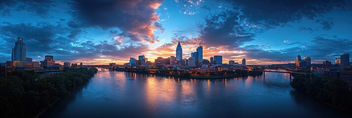 Nashville Skyline Sunset Over River Cityscape