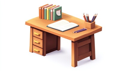 a 2D cartoon illustration of a school desk with books, pencils, and a notebook, organized and ready, white background--ar 16:9