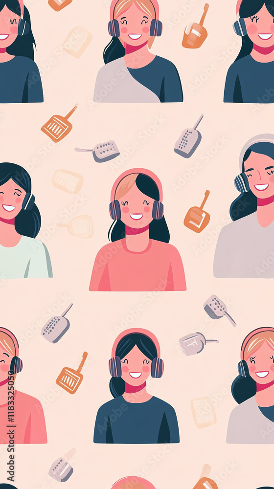 Aufkleber customer service role depicted with smiling avatars in a light minimal vector pattern.