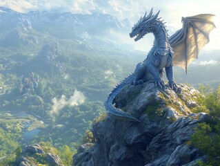 Fototapeta premium Majestic blue dragon perched atop a mountain peak overlooking a lush valley.