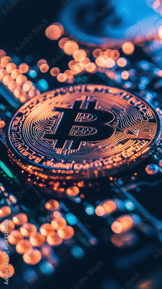 Poster digital coin close-up representing sound investments in the age of artificial intelligence.