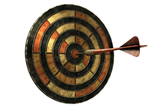 Red arrow hitting target on dart board against white background PNG.AI GENERATED