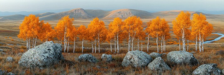 Golden Birch Trees Adorn Autumnal Mountain Landscape