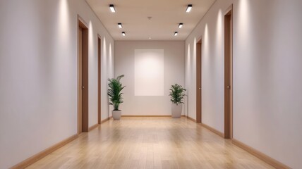 Obraz premium 3D Rendering of a Modern Office Corridor Interior Featuring a Blank Wall for Custom Artwork or Branding.