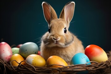 Rabbit and colored eggs in the basket rodent animal mammal.