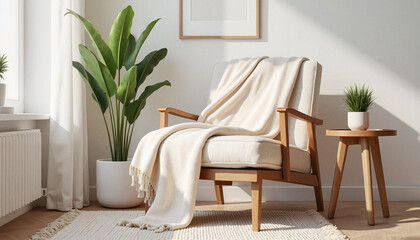 Cozy minimalistic living room with decorative fabric draped over chair, comfort
