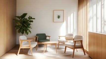 Fototapeta premium Bright airy meeting room featuring light wooden furnishings and large windows, perfect for creativity and collaboration.