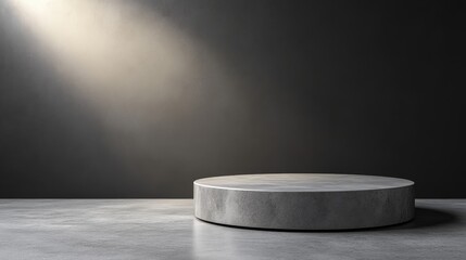 A minimalistic stage with a spotlight on a circular platform against a dark background.