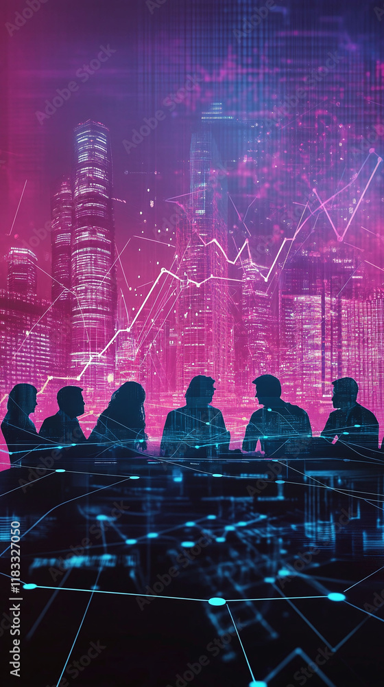 Poster engraving-style sketch of professionals collaborating with sound wave-inspired tech graphics.
