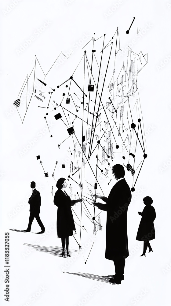 Poster engraving-style sketch of professionals interacting in a corporate networking scene.