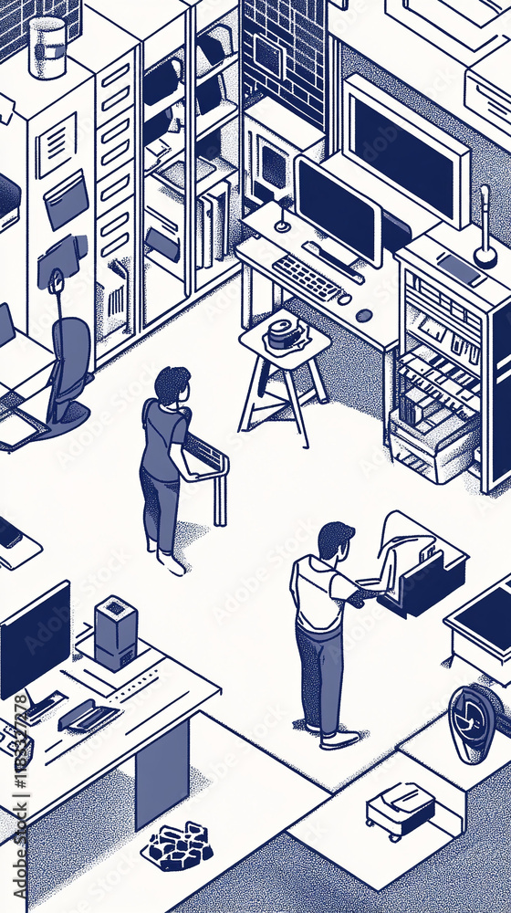 Poster engraving of an isometric office scene showing a team interacting with advanced tech devices.