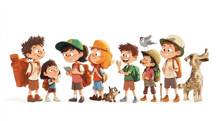 a 2D cartoon illustration of a group of children on a school field trip, exploring and learning, white background--ar 16:9