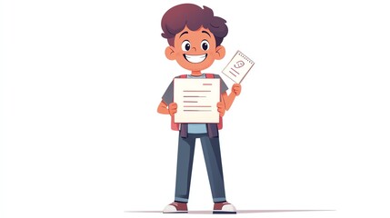 a 2D cartoon illustration of a happy student reading a book, eager to learn, white background--ar 16:9