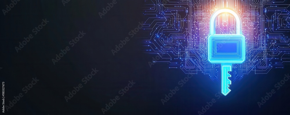 Poster digital illustration of a glowing key and padlock, symbolizing cybersecurity and data protection wit