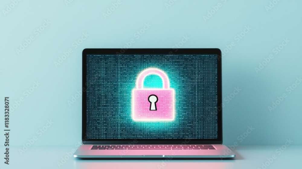 Poster a laptop displaying a digital padlock symbol, representing cybersecurity and data protection.