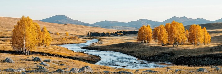 Naklejka premium Autumnal River Valley Scenic Landscape with Golden Aspens