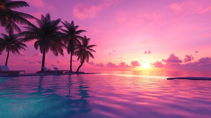 Pink sunset over tropical pool, palm trees, ocean. Relaxation travel ad