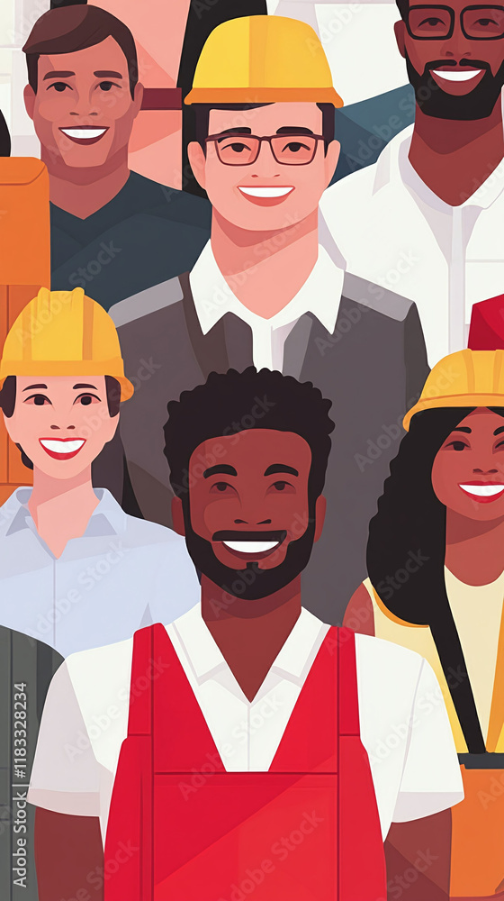 Aufkleber flat vector pattern of smiling workers with tech-inspired backgrounds symbolizing innovation.